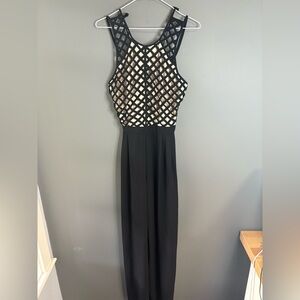 Marineblu, Small, black pant suit, wide leg, nude top with black lattice pattern